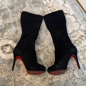 Christian Louboutin Black Suede Heeled Boots with Red Soles